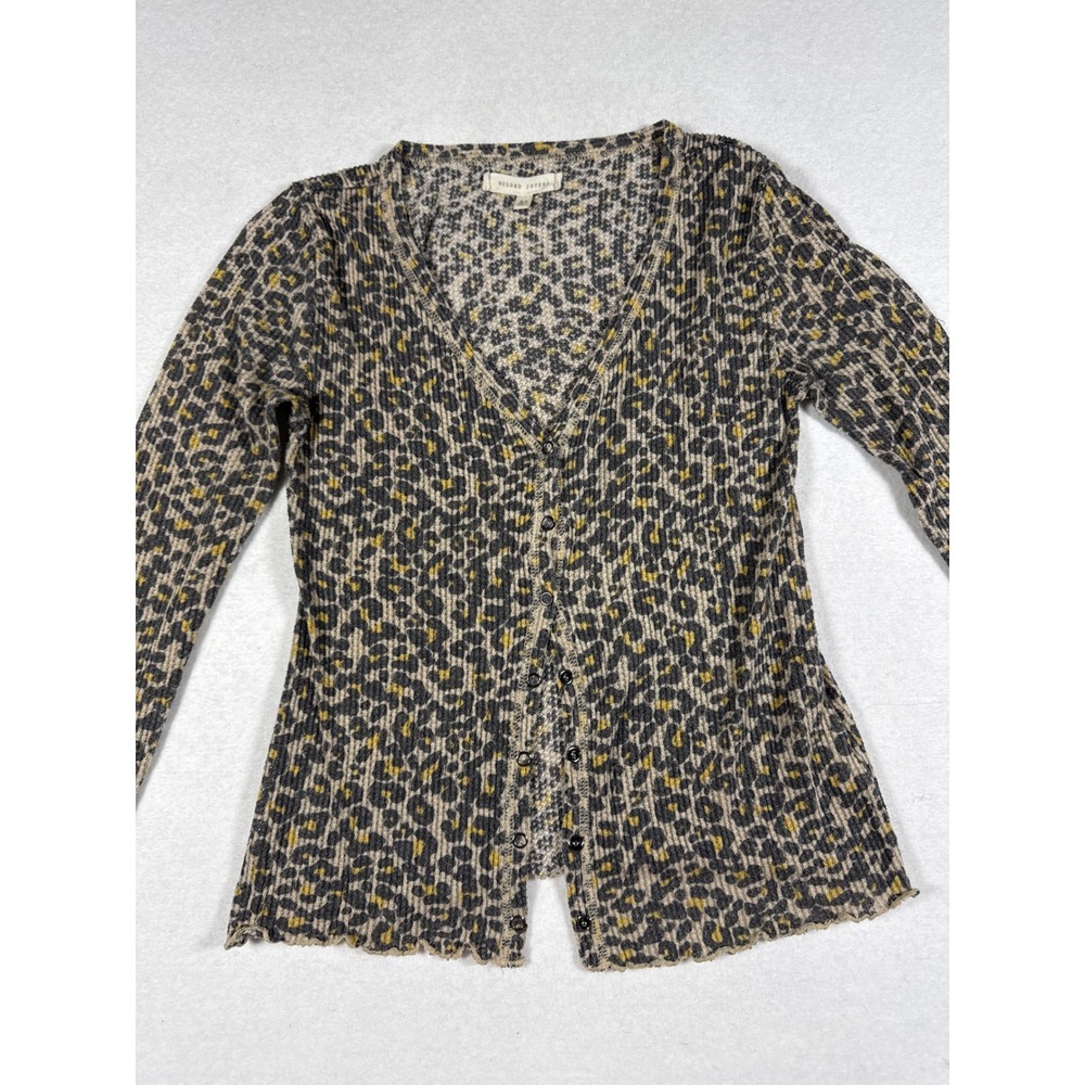 Gilded Intent Leopard Print Ribbed Knit Button Front Cardigan XS Grey Yellow